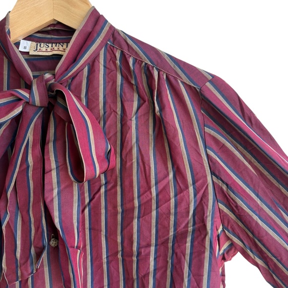 Vintage 80s Justin Lee Limited 100% Silk Bow Tie Blouse Burgundy Stripe Size 8 - Picture 4 of 8
